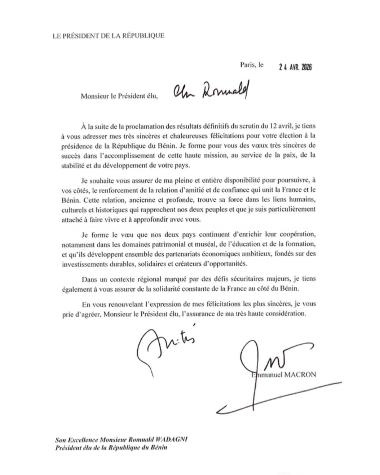 Signature d'un accord de coopération entre la France et le Bénin